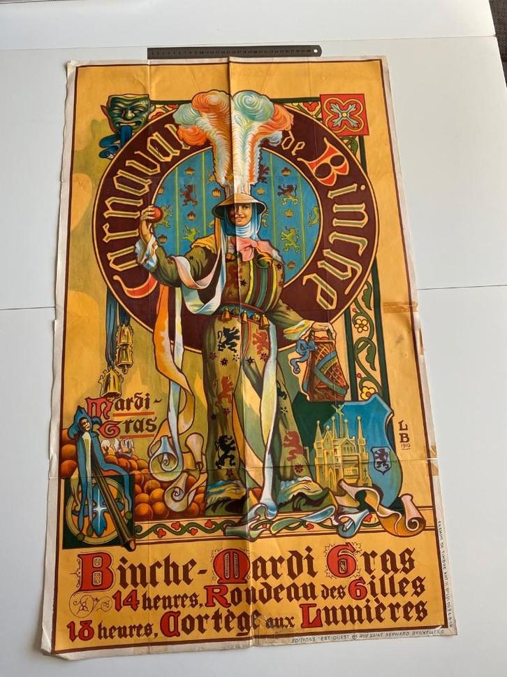 VINTAGE POSTER CARNAVAL VAN BINCHE LITHO, Antiek en Kunst, Kunst | Litho's en Zeefdrukken, Ophalen of Verzenden