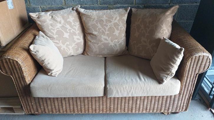 Rotan fauteuil met kussens, Huis en Inrichting, Fauteuils, Gebruikt, Hout, Riet of Rotan, 125 cm of meer, Minder dan 75 cm, Ophalen of Verzenden