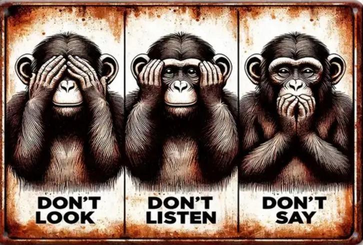 Metalen bord horen zien en zwijgen 3 aapjes - retro vintage, Verzamelen, Merken en Reclamevoorwerpen, Nieuw, Reclamebord, Ophalen of Verzenden