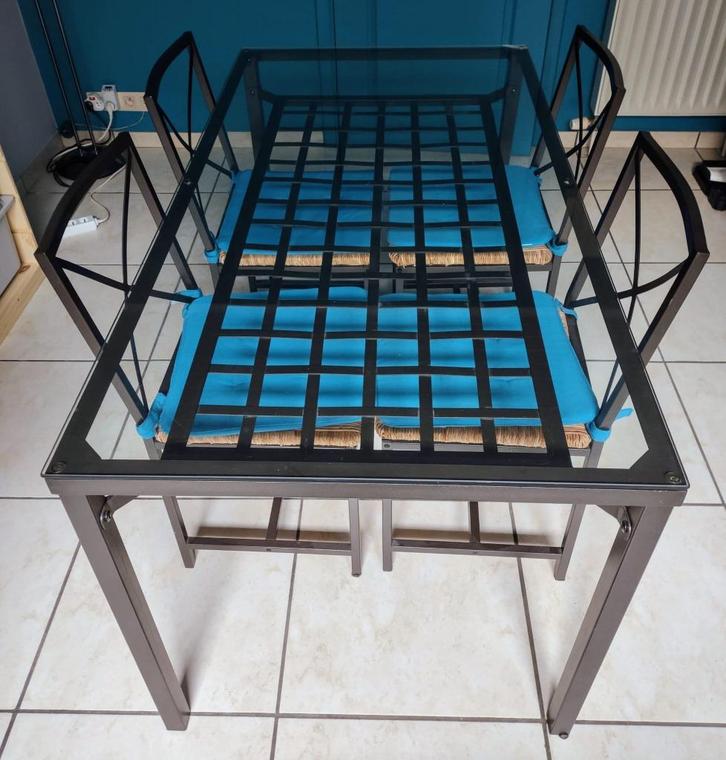 Rechthoekige glazen tafel + 6 stoelen, Huis en Inrichting, Tafels | Eettafels, Gebruikt, 50 tot 100 cm, 100 tot 150 cm, Vijf personen of meer