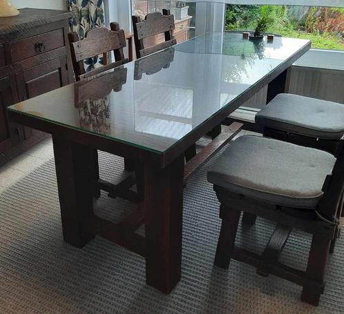 eettafel, zitkussens  en glazen plaat, Huis en Inrichting, Tafels | Eettafels, Gebruikt, 50 tot 100 cm, 200 cm of meer, Vijf personen of meer