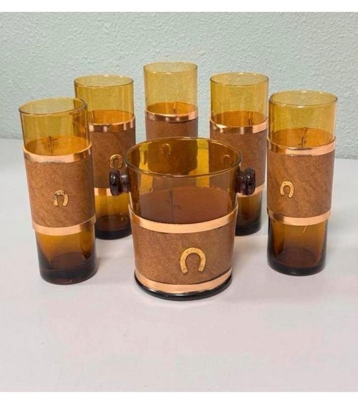 Antiek 1950 5 wisky glazen + ijsemmer amber leder hoefijzer, Verzamelen, Glas en Drinkglazen, Zo goed als nieuw, Borrel- of Shotglas