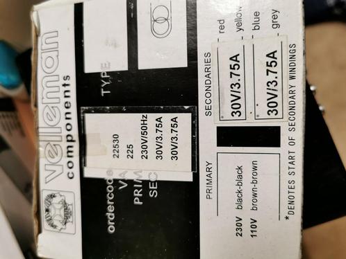 Trnsfo 2 X 30V/3.75A 225 VA 220 / 110 dispo 2, Hobby en Vrije tijd, Elektronica-componenten, Nieuw, Ophalen of Verzenden