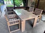 Table et chaises de jardin d'extérieur en bois d'échafaudage, Jardin & Terrasse, Comme neuf, Chaise, Bois d'échafaudage, 4 places