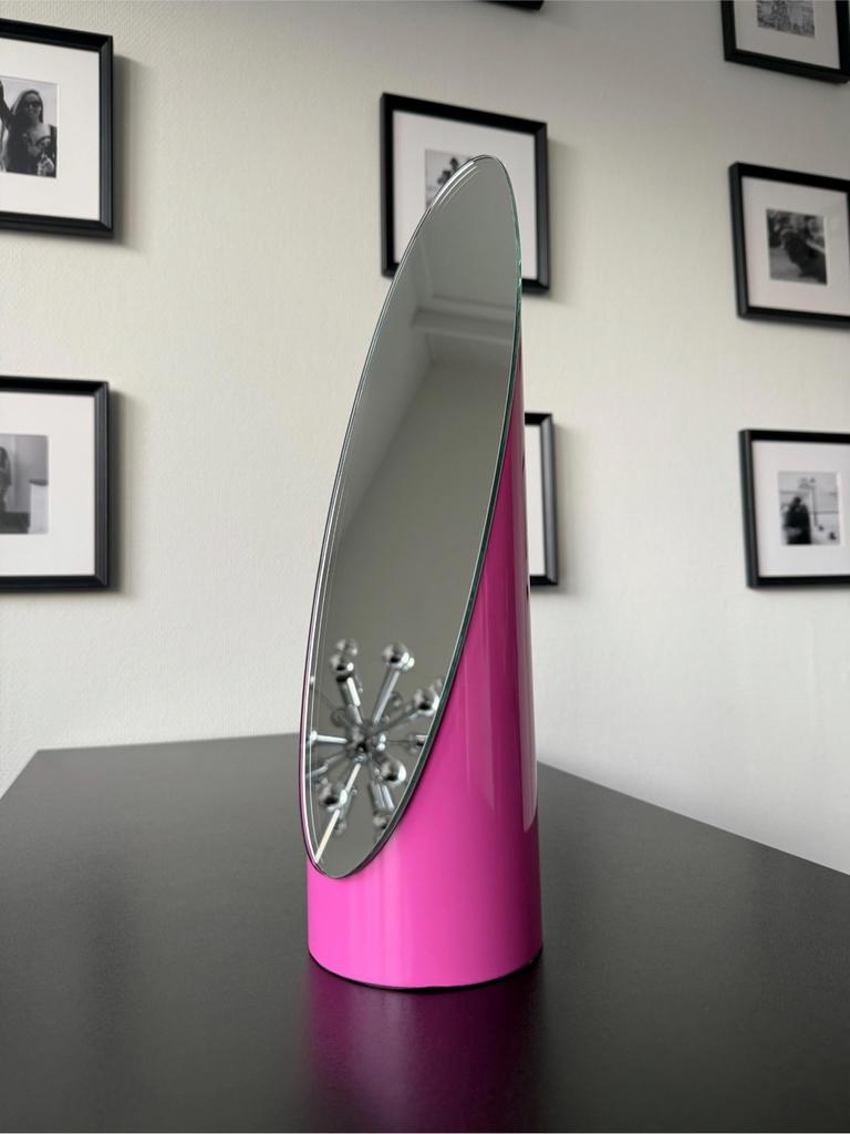 Roze vintage lipstick mirror space age lippenstift spiegel, Moins de 100 cm, Utilisé, Envoi, Ovale