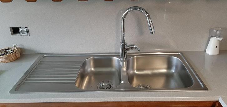 Franke dubbele spoelbak met afdruipgedeelte incl. kraan, Doe-het-zelf en Bouw, Sanitair, Zo goed als nieuw, Overige typen, Inox