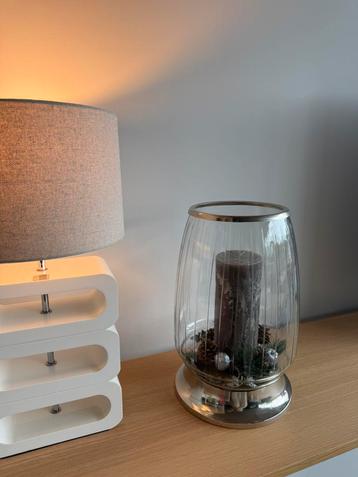 Glazen windlicht met zilverkleurige voet H43cm deco incl. beschikbaar voor biedingen