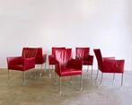 6x Bert Plantagie ARC leren eetkamerstoel rood met wieltjes, Ophalen, Modern design, Gebruikt, Metaal