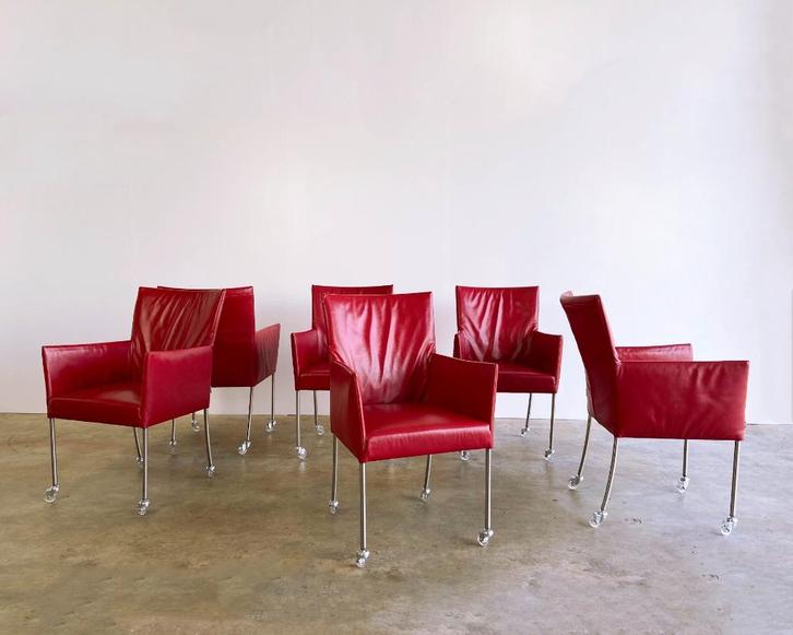 6x Bert Plantagie ARC leren eetkamerstoel rood met wieltjes, Huis en Inrichting, Stoelen, Gebruikt, Vijf, Zes of meer stoelen