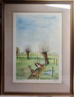 AQUAREL ZICHT OP DE KNOTWILGEN EN HUISMUS IN DE BOURGOYEN, Ophalen of Verzenden