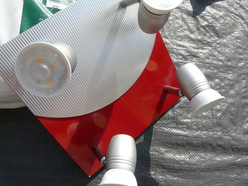 Metalen plafondlamp met 4 spotjes rood/zilverkleurig, Huis en Inrichting, Lampen | Plafondlampen, Zo goed als nieuw, Metaal, Ophalen