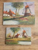 Set van 2 oude schilderijen op canvas, Antiek en Kunst, Ophalen of Verzenden