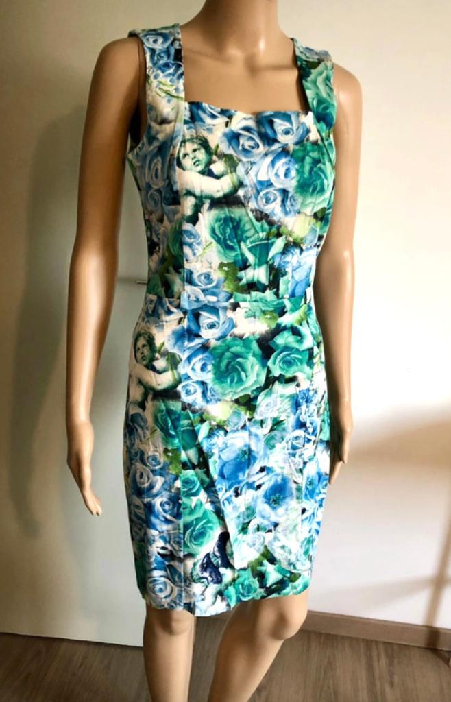 Vintage style dress with angel and roses print (S) NEW, Kleding | Dames, Jurken, Nieuw, Maat 36 (S), Groen, Boven de knie, Ophalen of Verzenden