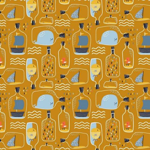 Promo! 60911) 140x50cm katoen boodschap fles oker klimt, Hobby en Vrije tijd, Stoffen en Lappen, Nieuw, Katoen, 120 cm of meer