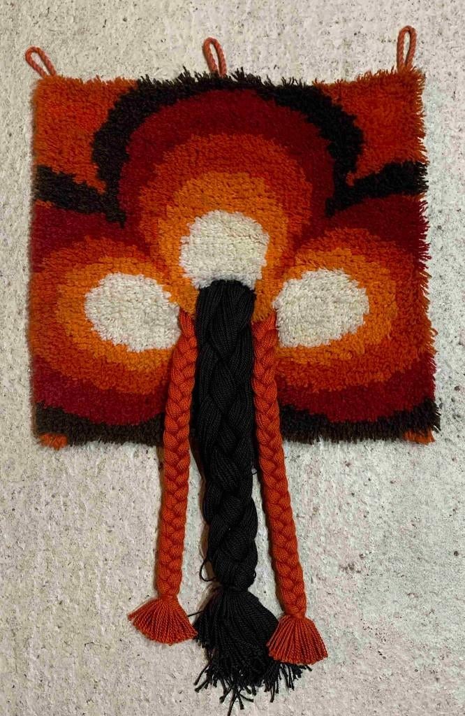 Retro wandkleed handgeknoopt jaren '70 oranje bruin 51/47, Gebruikt, Wandkleed, Ophalen of Verzenden, Bruin