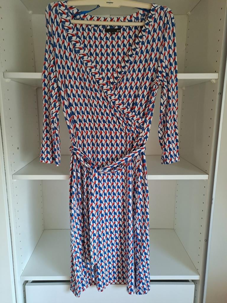 Mt 38 Rood, blauw, witte jurk met lange mouwen pelikanen, Kleding | Dames, Jurken, Maat 38/40 (M), Blauw, JBC, Ophalen of Verzenden