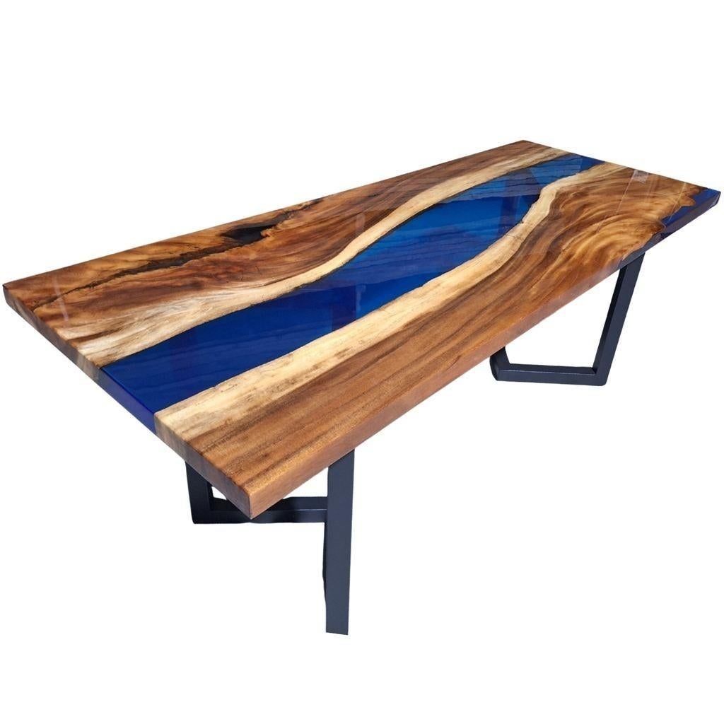 Moderne Epoxy Tafel - 200x80cm – Hout & Resin, Maison & Meubles, Bureaux, Neuf, Moderne, Bois, Bleu, Enlèvement