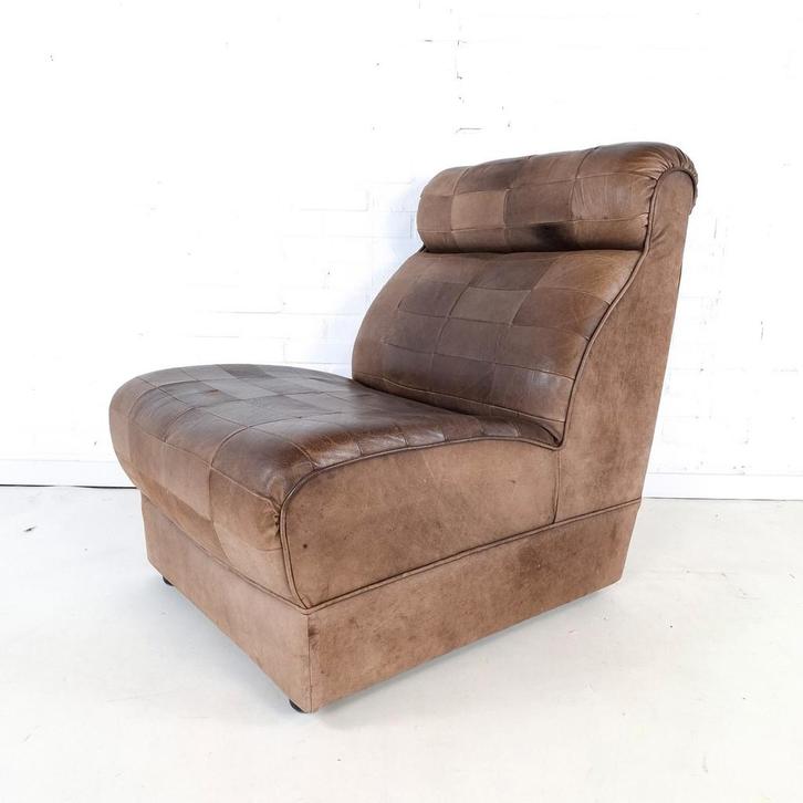Vintage fauteuil bruin patchwork leder jaren 70, Maison & Meubles, Fauteuils, Cuir, Enlèvement