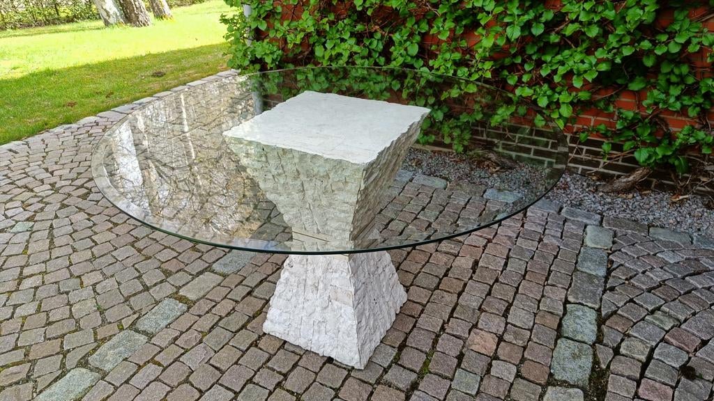 Glazen ronde tafel op centrale zuil, Huis en Inrichting, Ophalen