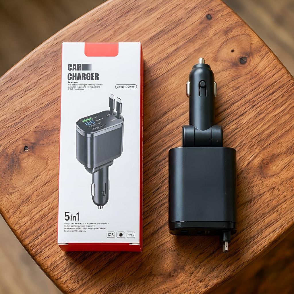 5-in-1 Chargeur de voiture rétractable, iPhone et Android, Télécoms, Chargeurs de voiture, Enlèvement ou Envoi, Neuf