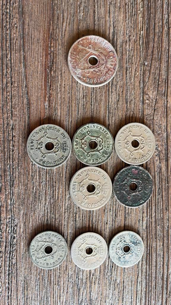 Oude Belgische munten 1902-1915 – 5c, 10c, 25c met gat, Postzegels en Munten, Munten | Europa | Niet-Euromunten, Setje, België
