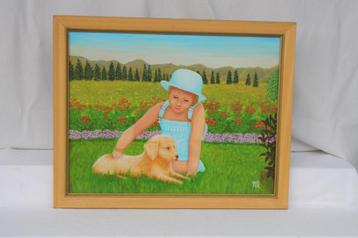Schilderij Meisje met Hond Olieverf doek op plaat gesign. beschikbaar voor biedingen