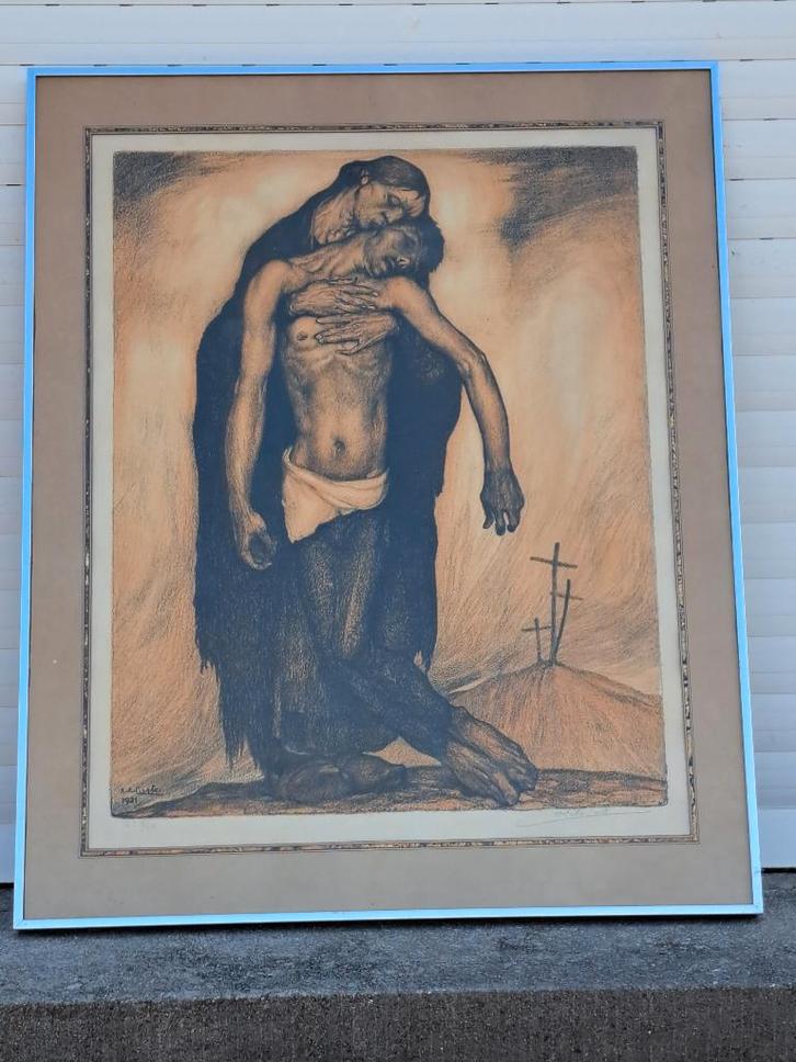 Lithographie pieta signe Anto carte, Antiek en Kunst, Kunst | Litho's en Zeefdrukken, Ophalen of Verzenden