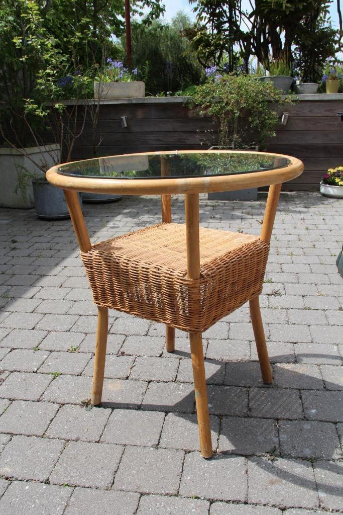 Vintage rieten salontafel en glazen blad, Antiek en Kunst, Antiek | Meubels | Tafels, Ophalen of Verzenden