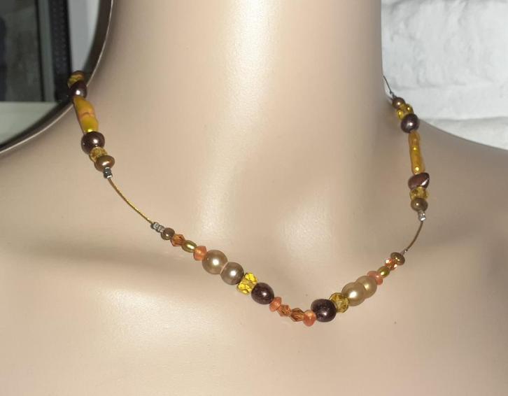 Ketting zoetwaterparel , citrien , carneool en kristal bruin, Handtassen en Accessoires, Kettingen, Nieuw, Steen of Mineraal, Bruin