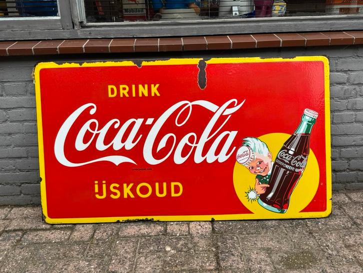 Groot oud Coca Cola emaille reclamebord, Verzamelen, Merken en Reclamevoorwerpen, Gebruikt, Reclamebord, Ophalen