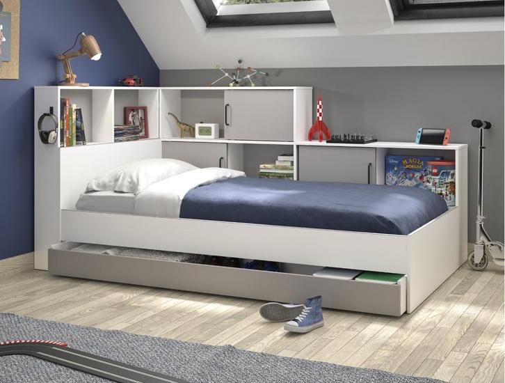 Erwan 1-persoonsbed met kastjes en lade - Wit/grijs, Kinderen en Baby's, Kinderkamer | Bedden