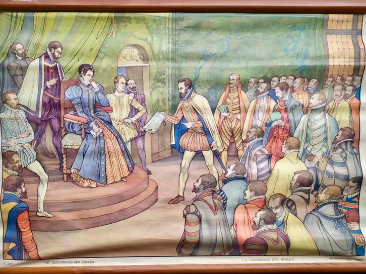 Oude schoolplaat Het eedverbond der edelen, Antiek en Kunst, Antiek | Schoolplaten, Geschiedenis, Ophalen of Verzenden