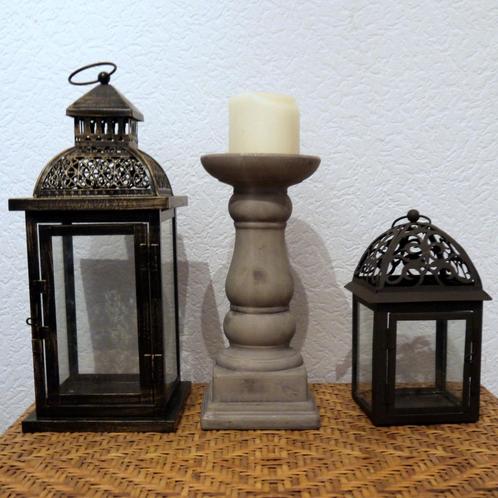 lot de 2 lanternes et un bougeoir, Huis en Inrichting, Woonaccessoires | Kandelaars en Kaarsen, Zo goed als nieuw, Kandelaar, 25 tot 50 cm