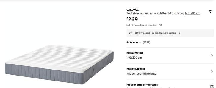 matras 140x200cm Ikea Valevag, Huis en Inrichting, Slaapkamer | Matrassen en Bedbodems, Gebruikt, Matras, 140 cm, 200 cm, Twijfelaar