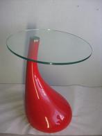 Vintage - Ronde salontafel, glazen tafelblad en voet - Rode, Gebruikt, Ophalen of Verzenden