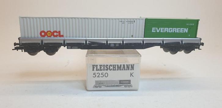 Fleischmann 5250 K DB Rongenwagen met OOCL & Evergreen, Hobby en Vrije tijd, Modeltreinen | H0, Zo goed als nieuw, Wagon, Gelijkstroom of Wisselstroom