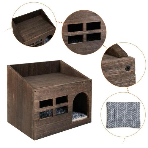 Houten Kattenhuis Met Kussen - Vintage Kattenbed, Dieren en Toebehoren, Kattenmanden