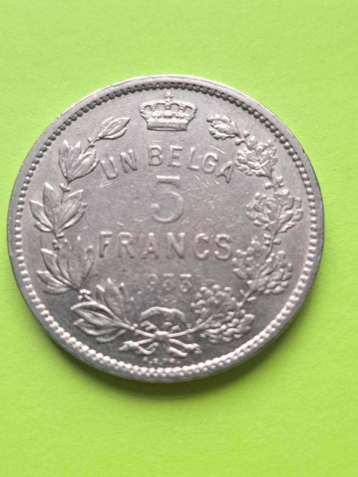1933 België 5 frank of 1 belga franse versie positie A, Postzegels en Munten, Munten | België, Losse munt, Metaal, Verzenden