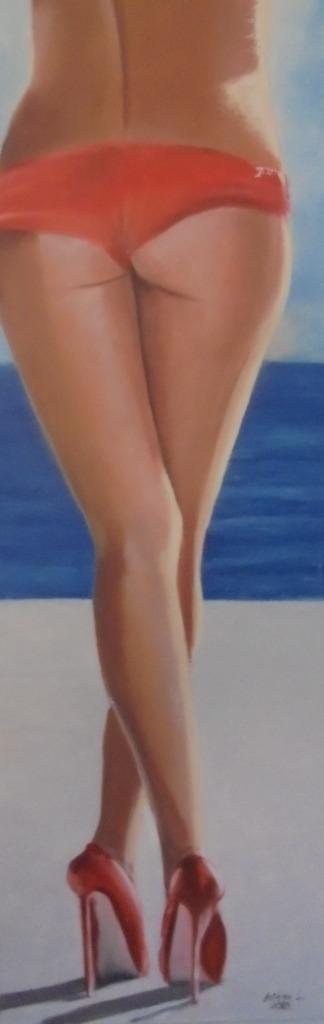 peinture à l'huile talons aiguilles rouges sur la plage (40x
