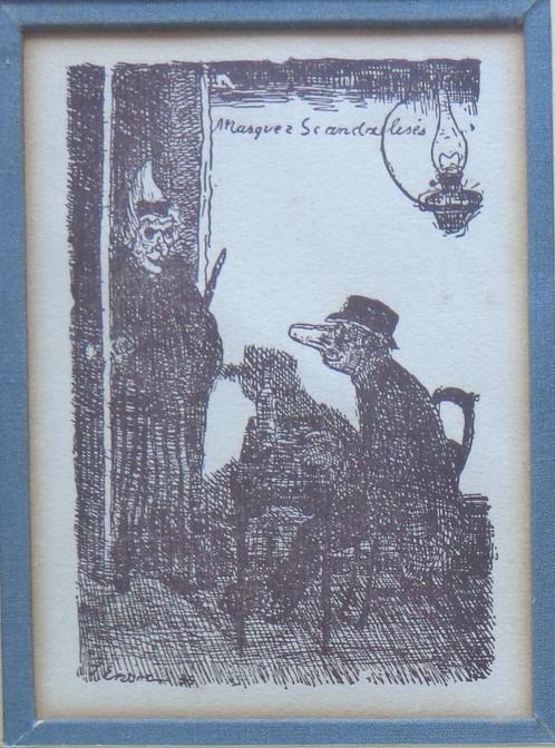 JAMES ENSOR / MASQUES SCANDALISES / ZW-W LITHO / 47x35cm KAD, Antiek en Kunst, Kunst | Litho's en Zeefdrukken, Ophalen of Verzenden