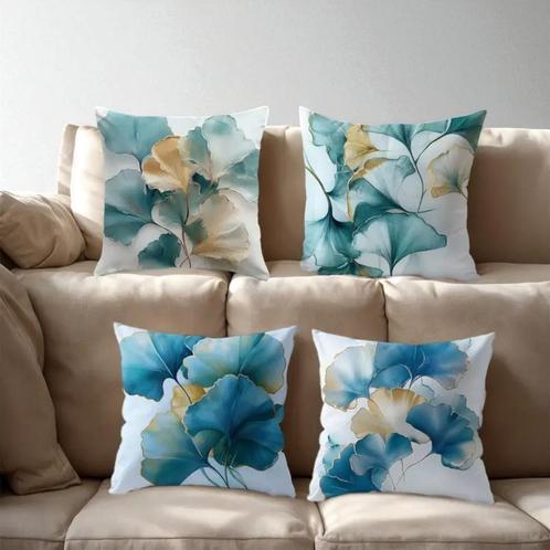 Set van 4 kussenhoezen bloemen turquoise goud 45x45cm, Huis en Inrichting, Woonaccessoires | Kussens, Nieuw, Blauw, Vierkant, Verzenden