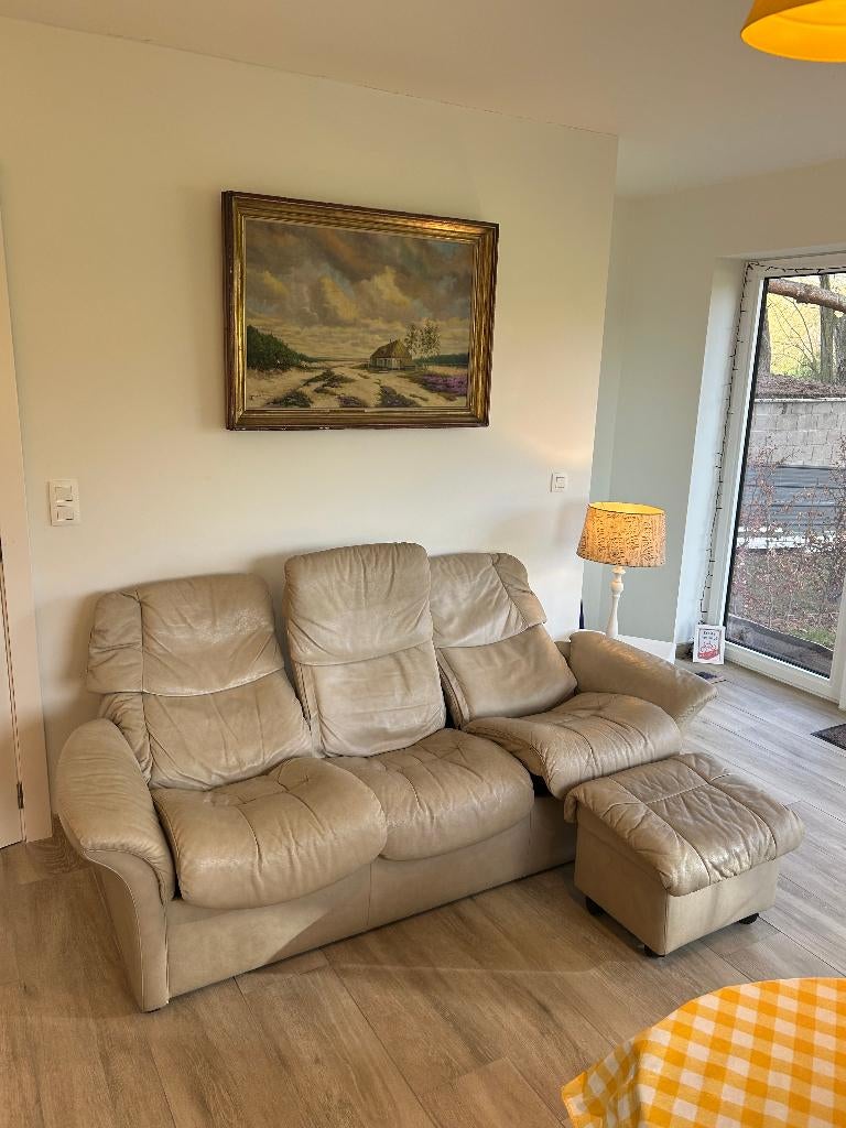 Stressless Sofa in leder 3 zit -zetel- bank beige met hocker, Gebruikt, Ophalen of Verzenden, Stressless, Leer