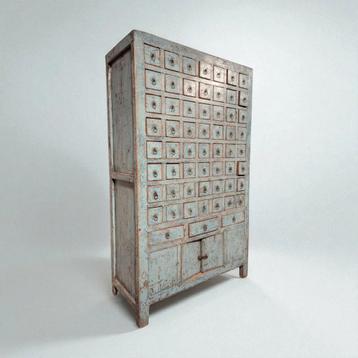 Antieke ladekast apothekerskast India blauw patina beschikbaar voor biedingen