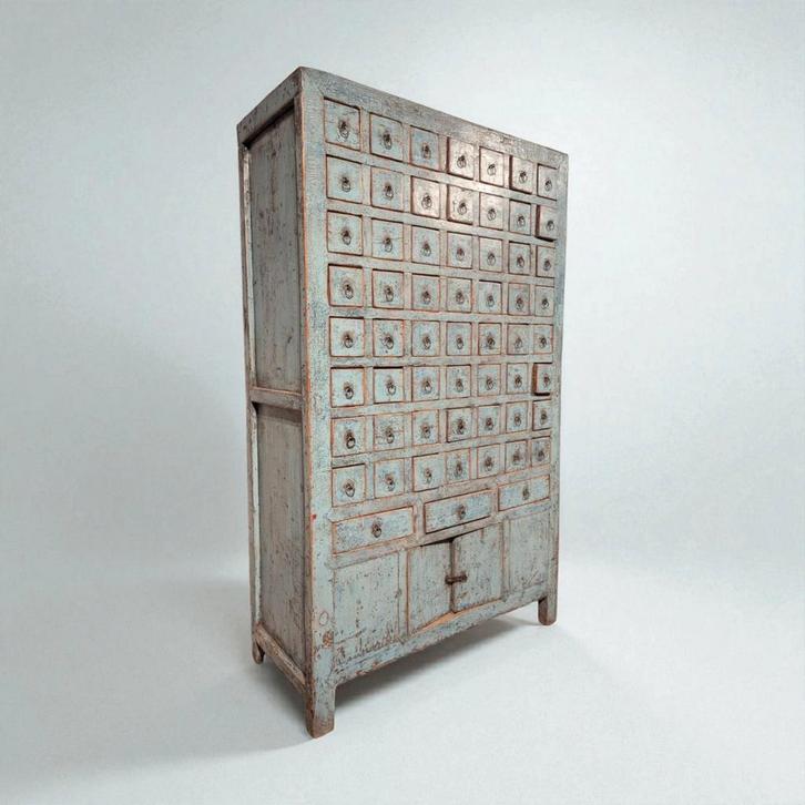 Antieke ladekast apothekerskast India blauw patina, Huis en Inrichting, Kasten | Ladekasten, Zo goed als nieuw, Ophalen of Verzenden