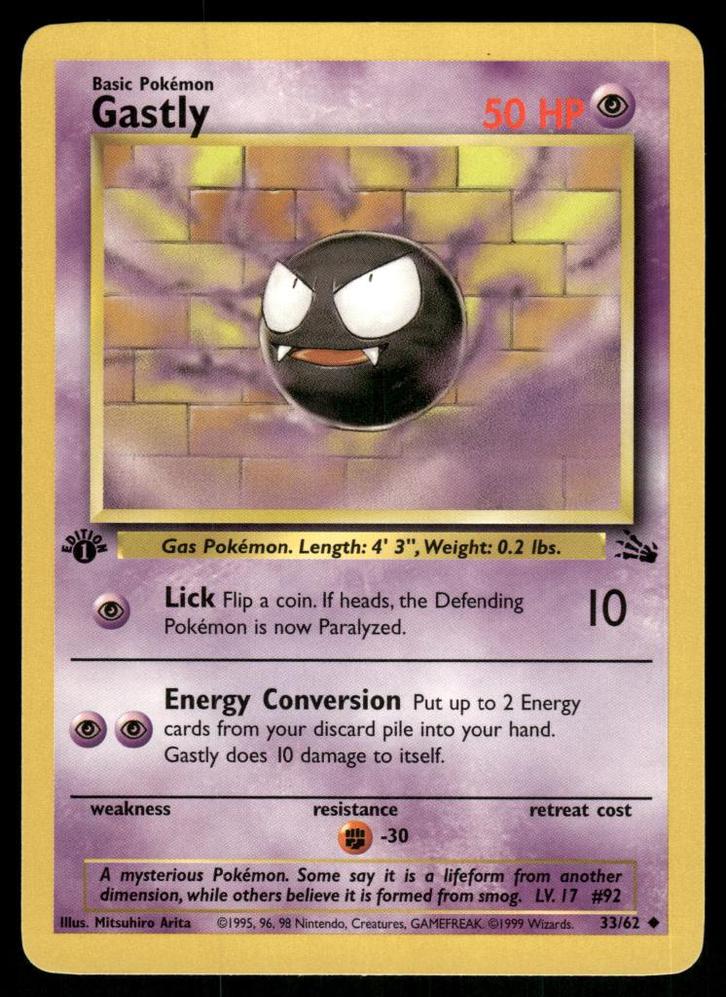 Gastly 33/62 - Fossil (1st edition), Hobby en Vrije tijd, Verzamelkaartspellen | Pokémon, Gebruikt, Verzenden