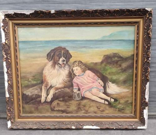 Huile sur toile jeune fille avec son chien signe i duran, Antiquités & Art, Art | Peinture | Classique, Envoi