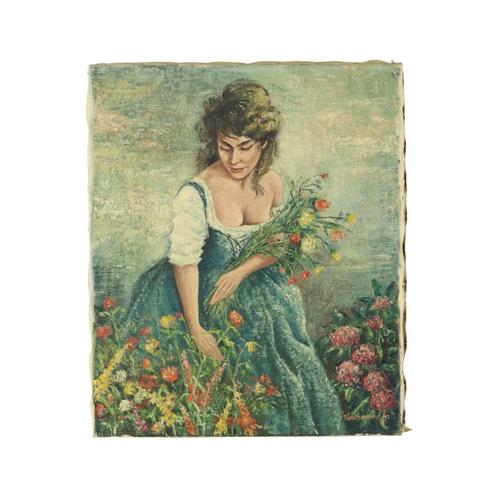 Vintage Schilderij Vrouw Bloemenpluk Acrylverf op Doek Gesig, Antiek en Kunst, Kunst | Schilderijen | Klassiek, Ophalen of Verzenden