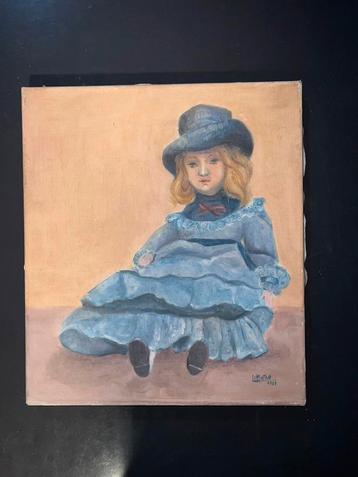 Olieverfschilderij pop in blauwe jurk ~ Lill Mathot (1989) beschikbaar voor biedingen