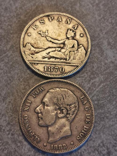 Spain, 2 Pesetas 1870+1882, zilver mooi munten.., Postzegels en Munten, Munten | Europa | Niet-Euromunten, Setje, Overige landen