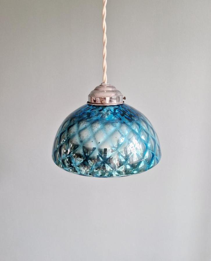 Blauwe vergulde glazen hanglamp, jaren 20, Antiek en Kunst, Antiek | Verlichting, Ophalen of Verzenden
